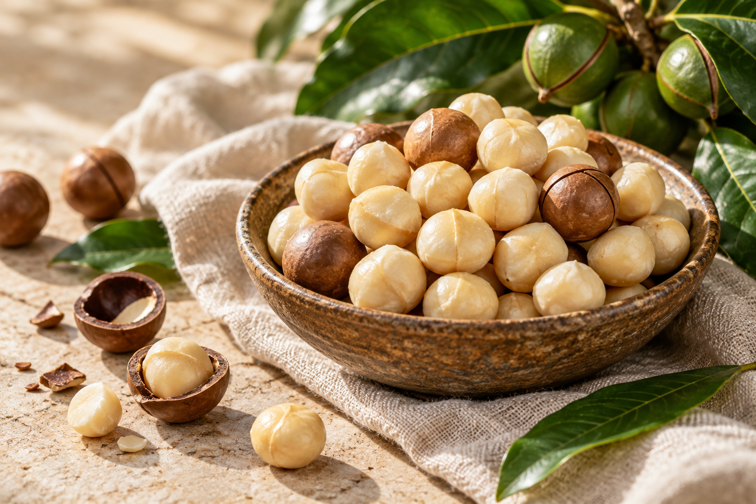 Hạt macca béo bùi trong bát gốm bên cành lá xanh